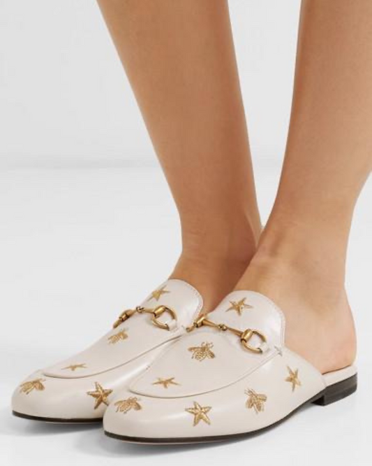 Gucci White Star & Bee Embroidered Leather Princetown Horsebit Mules